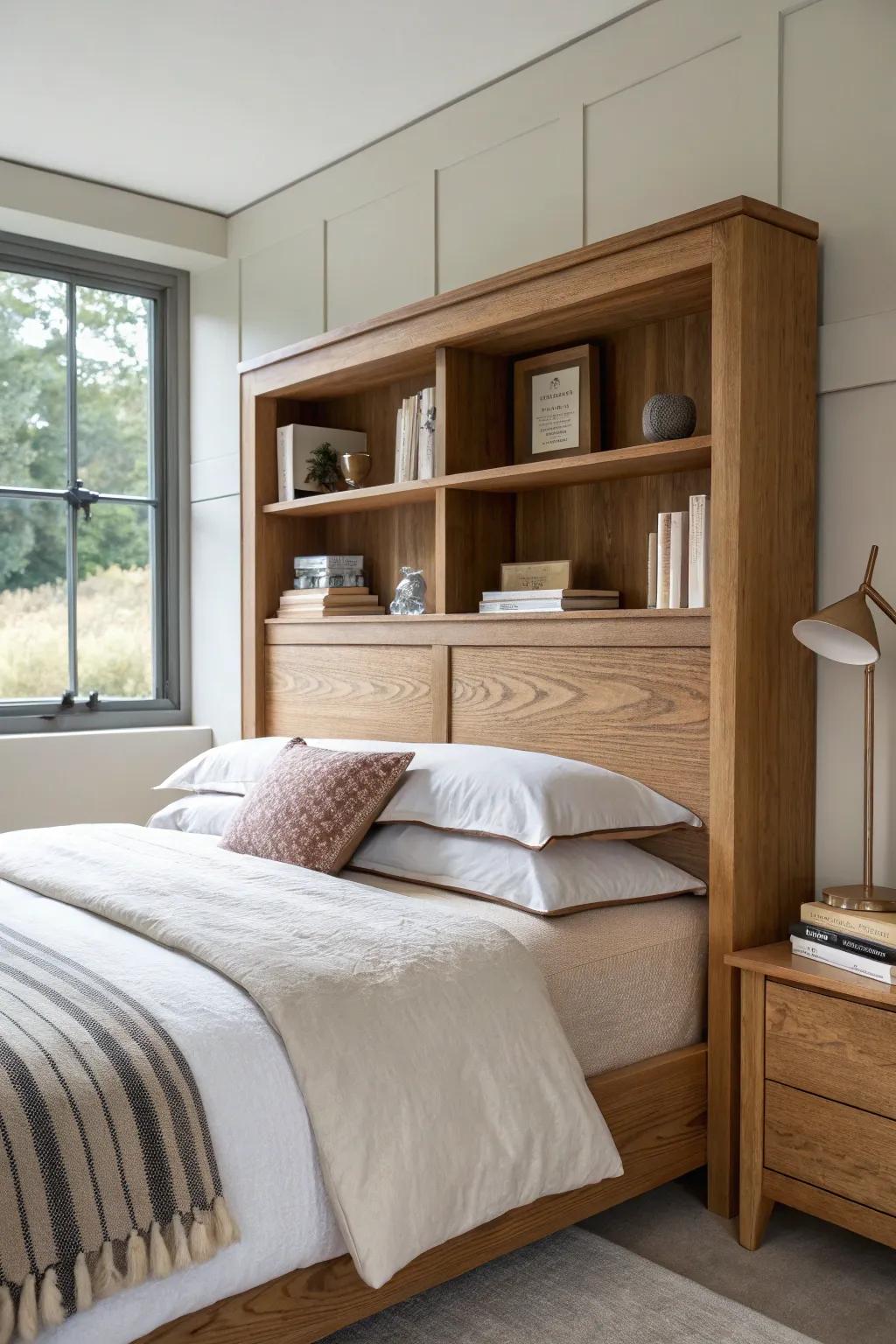 A classic paneled headboard hides a shallow storage cabinet—books and linens, beautifully tucked away.