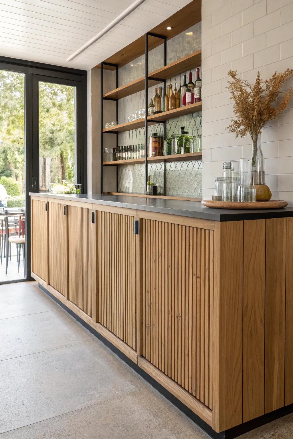 A hidden back bar panel that blends into trim—sleek, secure storage with speakeasy charm.