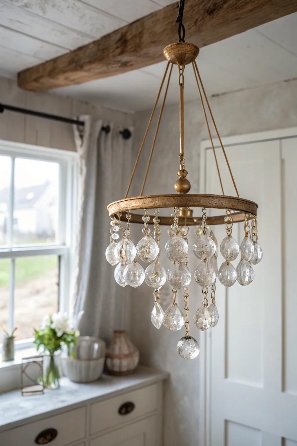 Salvaged glass door knobs turned into a cottage “crystal” chandelier with vintage shimmer.