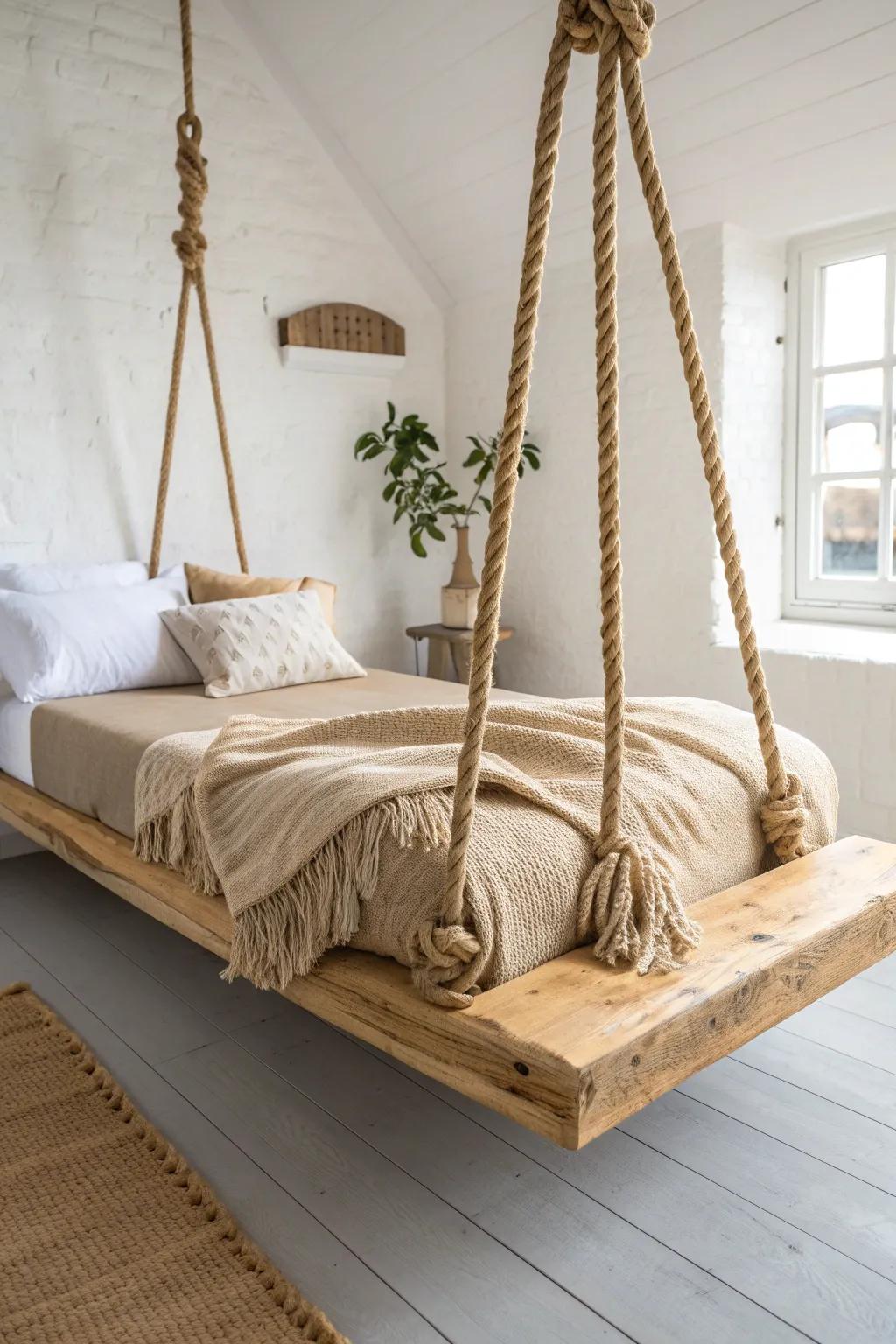 A floating oak swinging bed platform—slow-living comfort with Scandinavian calm and boho warmth.