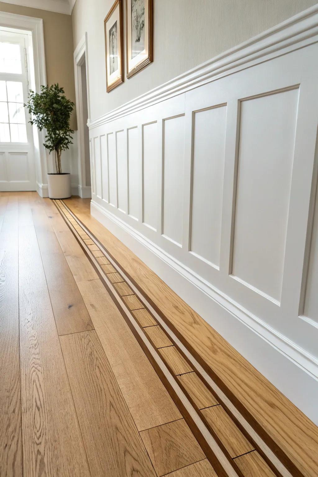 A vertical wood “runner” inlay adds warm contrast and craftsmanship to a narrow hallway.