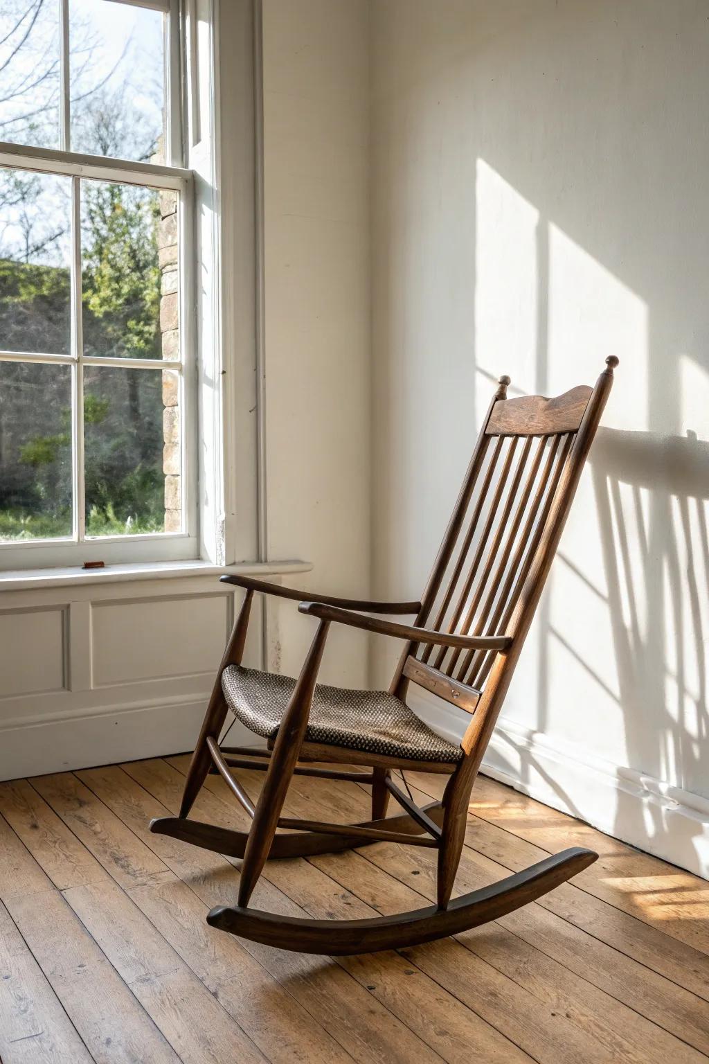 Charred runners + oiled grain turn an old rocking chair into a bold, minimalist statement.