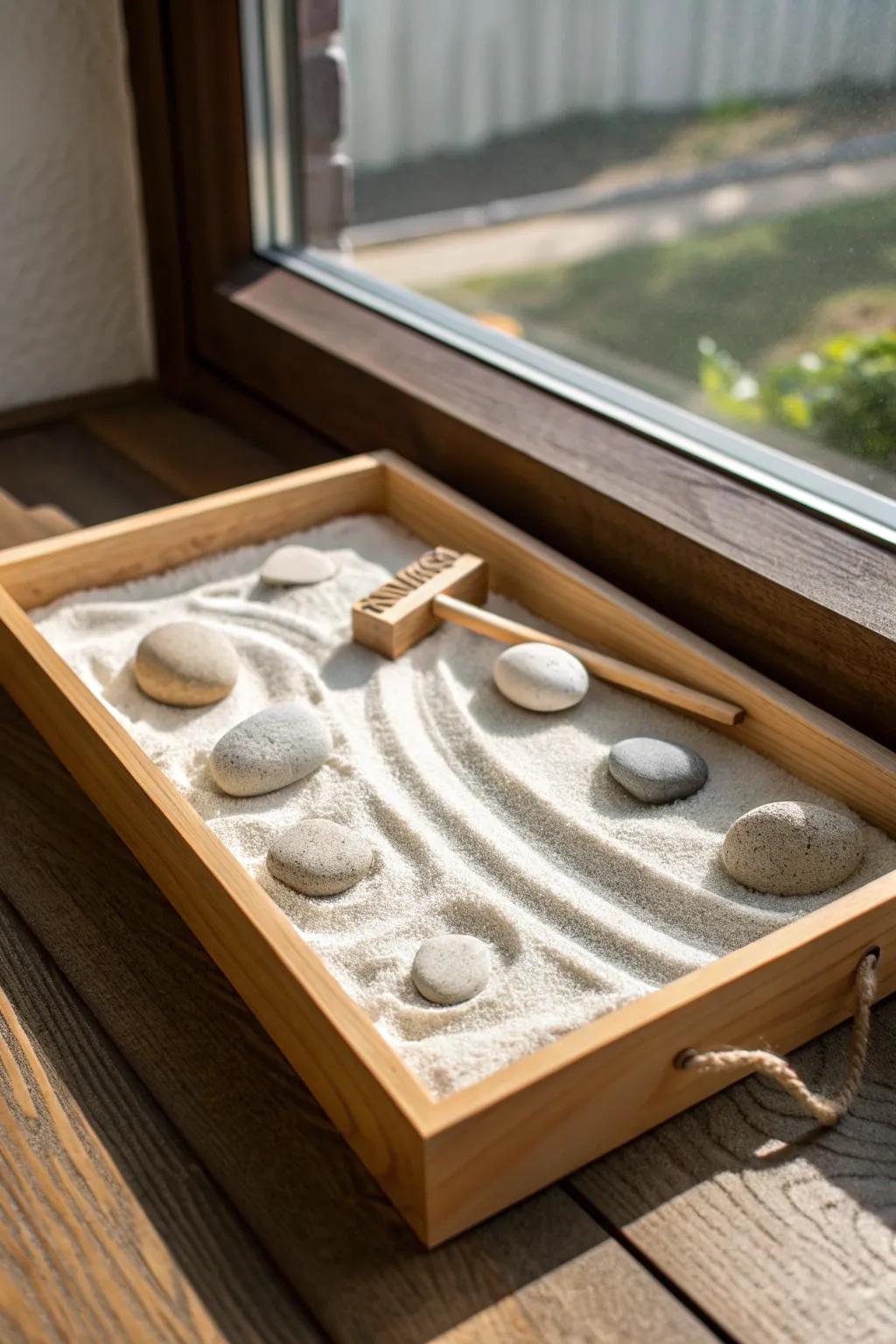 A calming mini zen sand garden tray on a deep window sill—sunlit textures and quiet style.