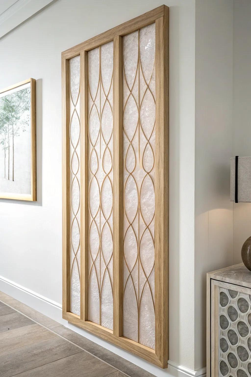 Oak wall paneling with delicate resin “rivers” — minimalist dining room art with craft detail.