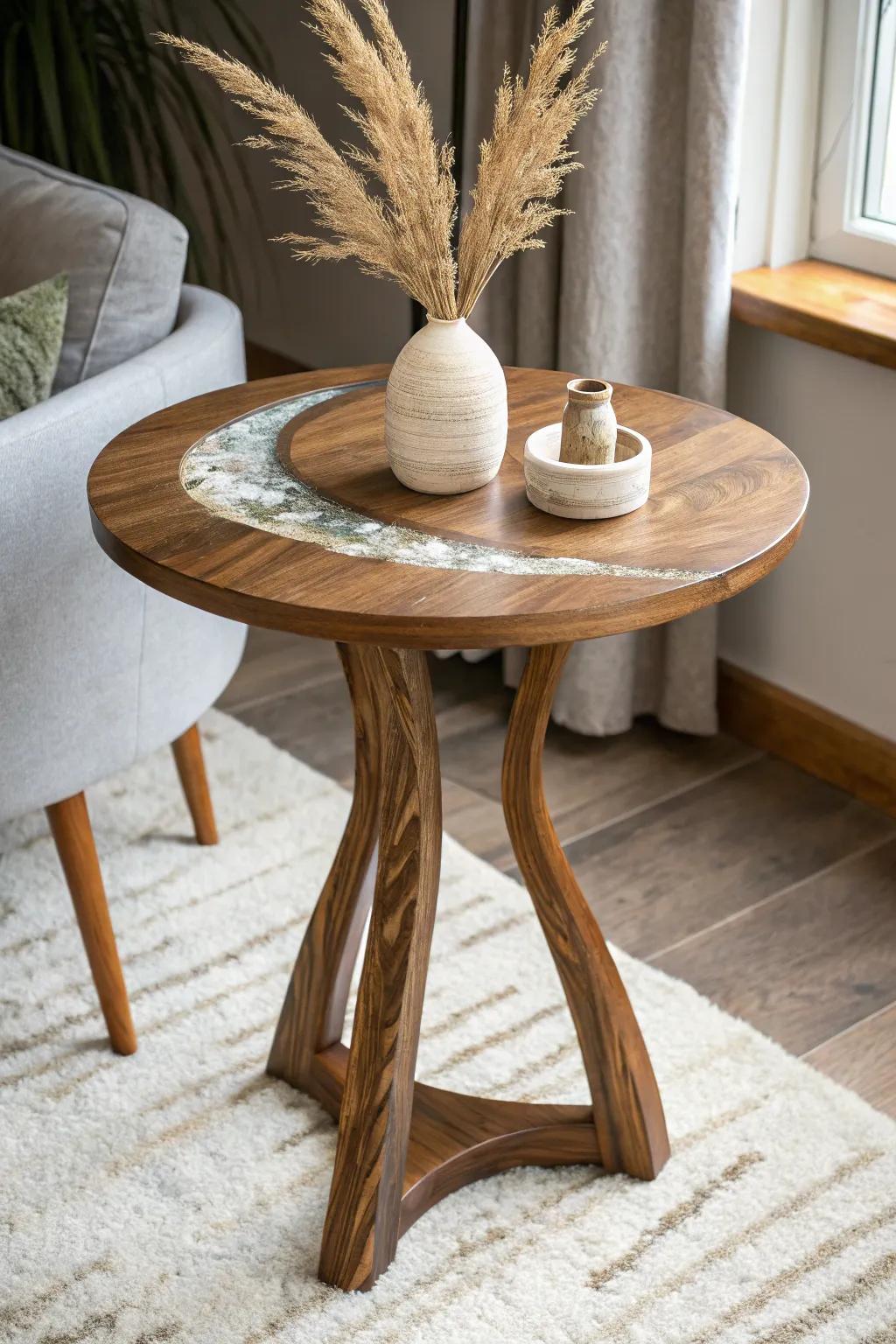 Glowing resin river drinks table—minimal Scandinavian warmth with a soft dusk-lit wow.