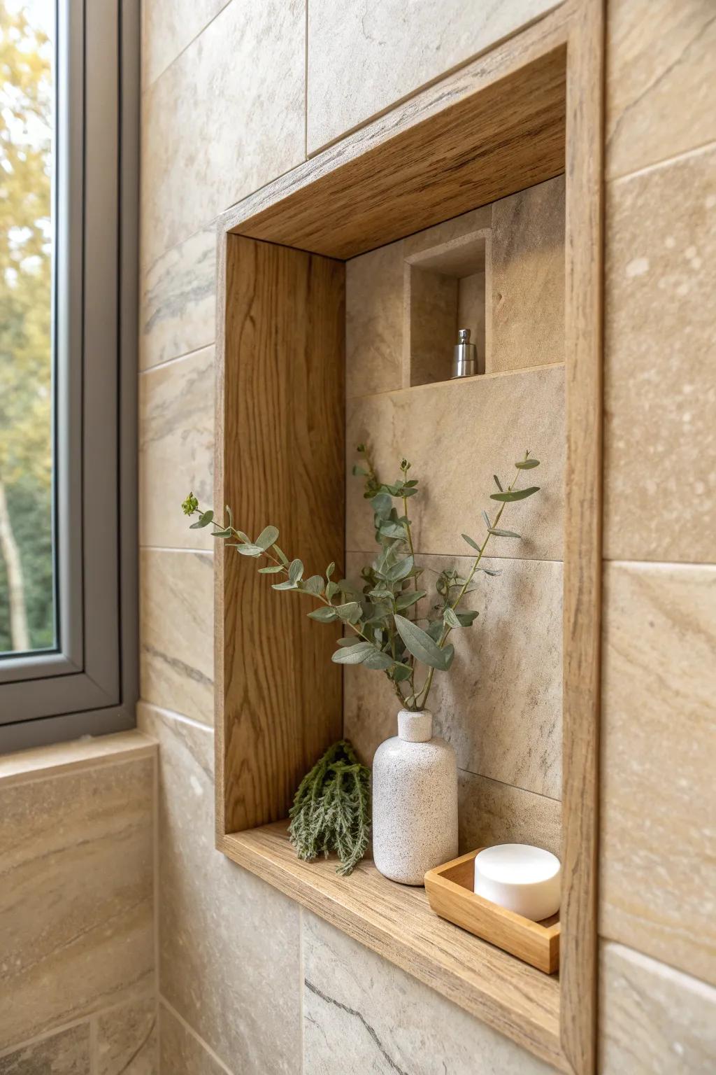 A wood-lined shower niche with greenery creates an indoor-outdoor, earthy spa moment.