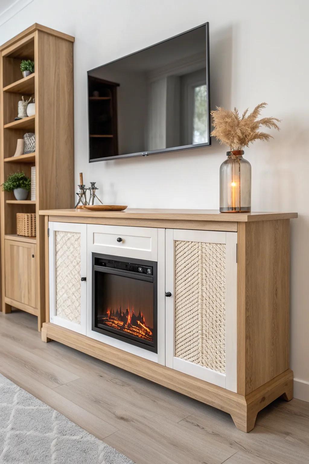 Upcycled buffet cabinet + electric fireplace glow—custom-look focal point with warm wood charm.