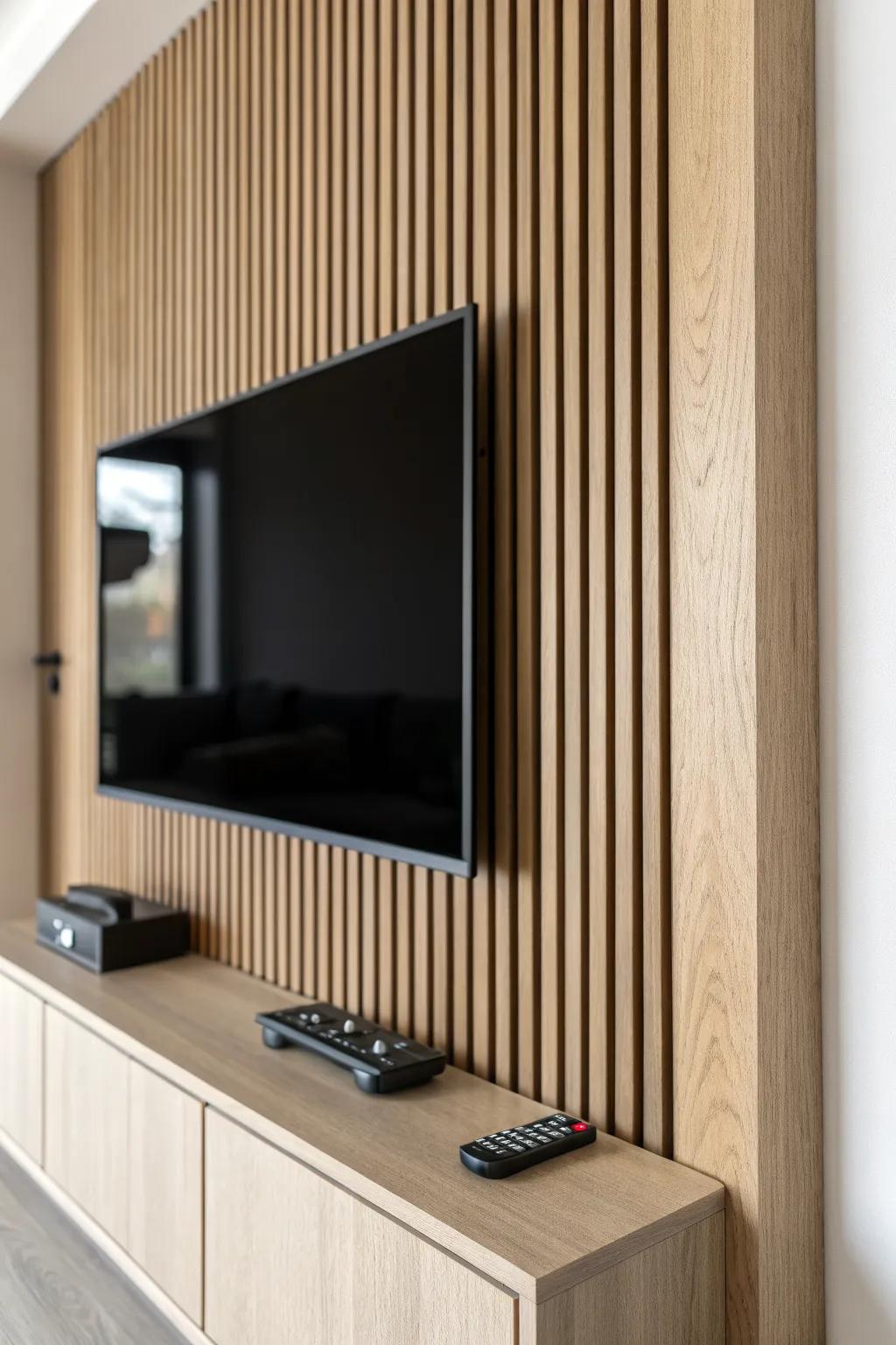 Sleek slat wall hides push-latch storage—bye remotes, hello calm minimalist TV wall.