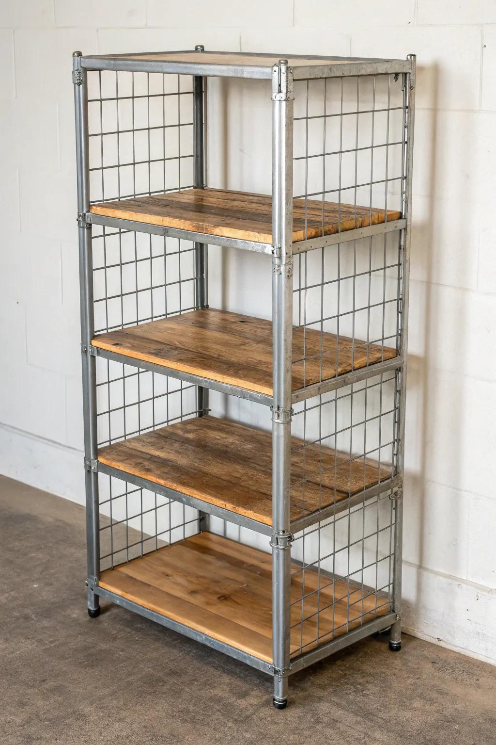 Upcycled bulk cage + drop-in wood shelves: a tough, airy modular rack for any farm shop.