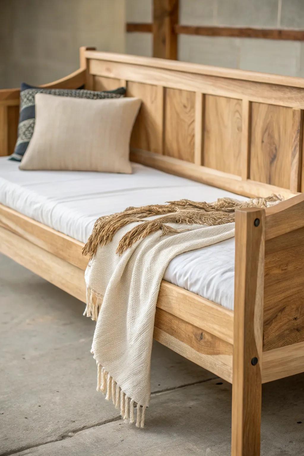 A simple farmhouse daybed made special with a live-edge rail—natural curves, clean lines.