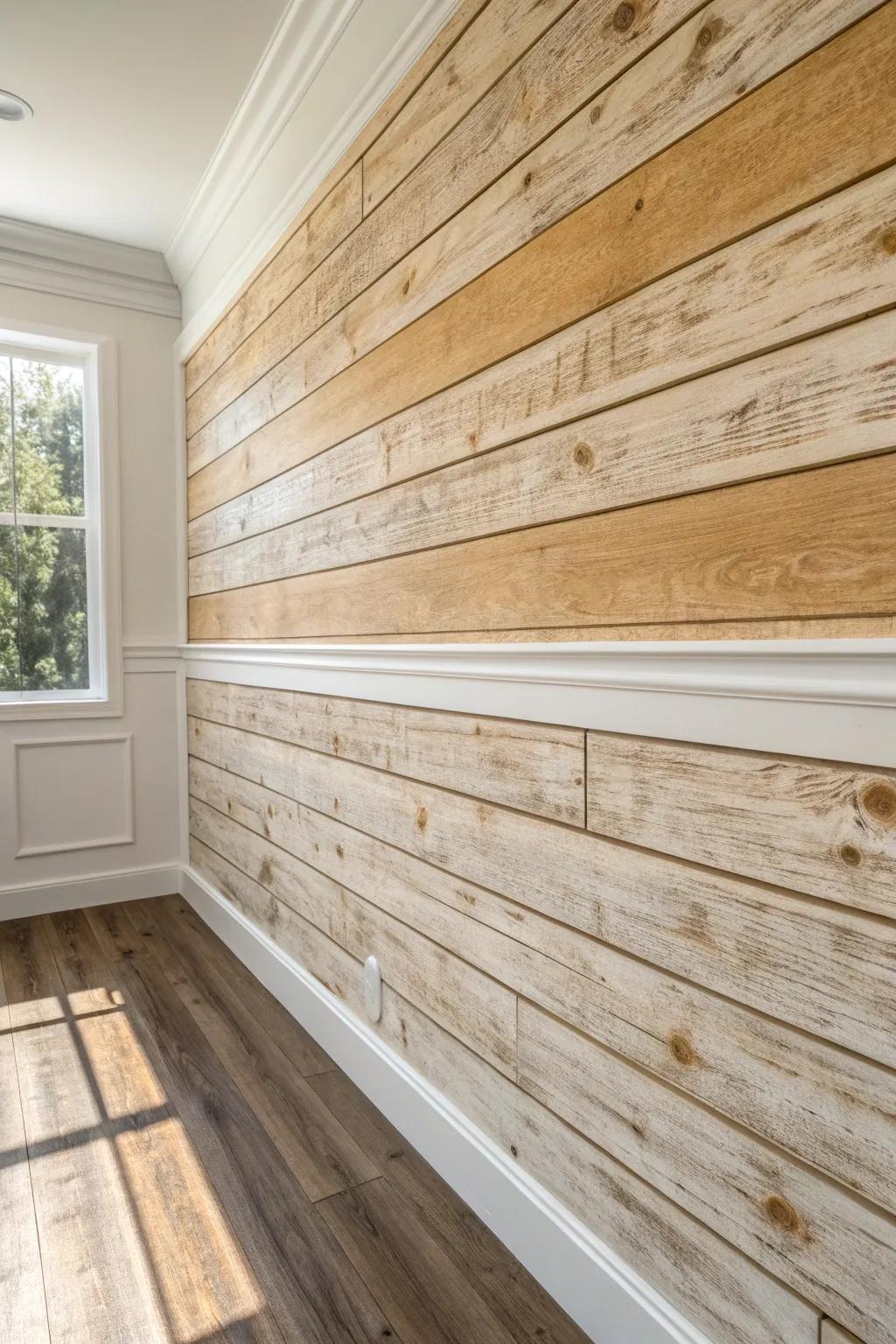 Hand-painted trompe l’oeil wood planks—knots, end grain, and all—for serious wow factor.