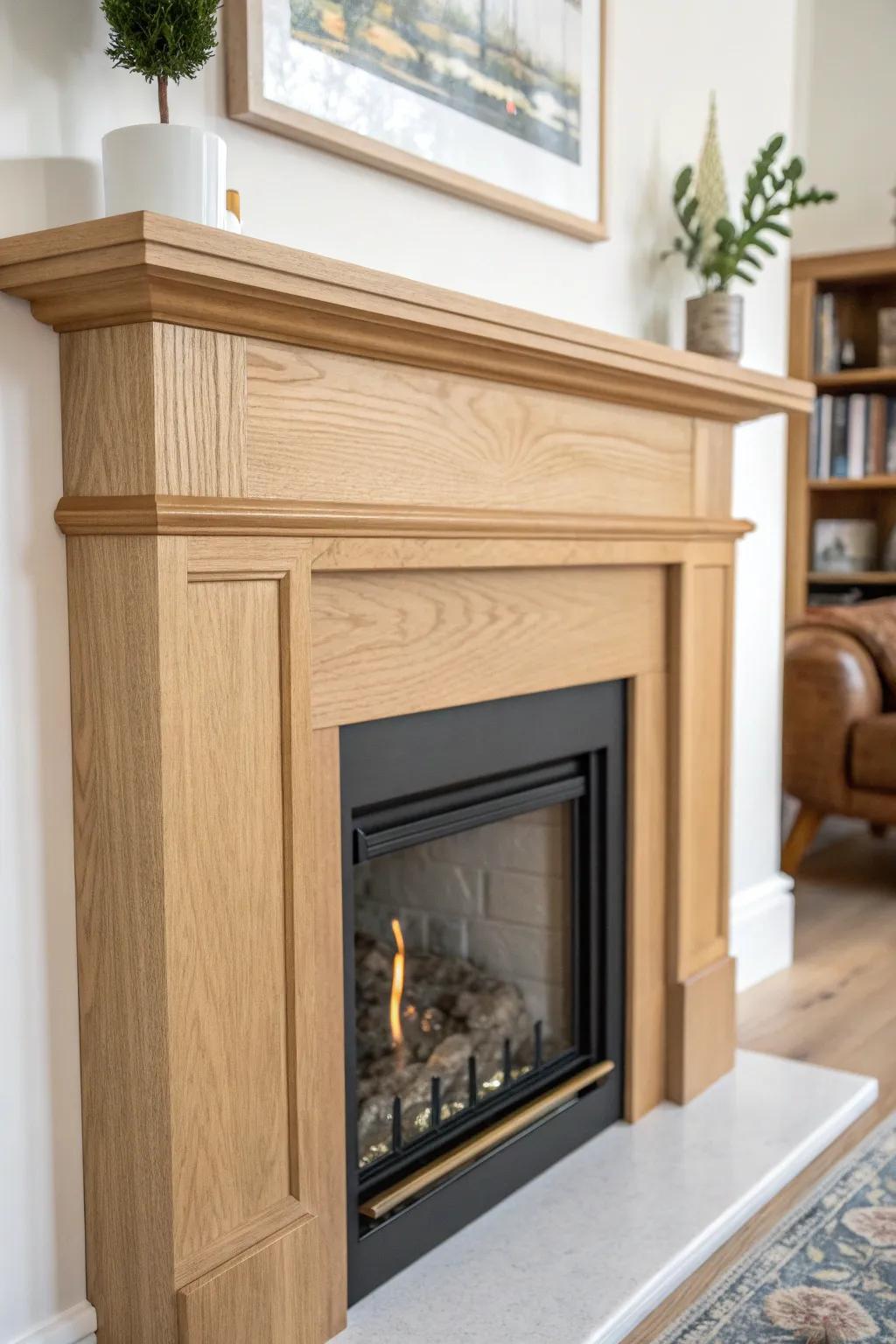 A sleek swap-rail mantel front lets you slide in seasonal trims—fresh style all year, no repainting.