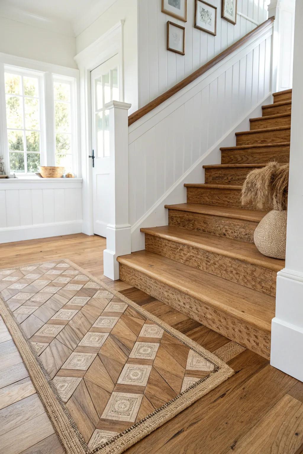 End-grain wood block landing: a functional art moment that stops guests in their tracks.