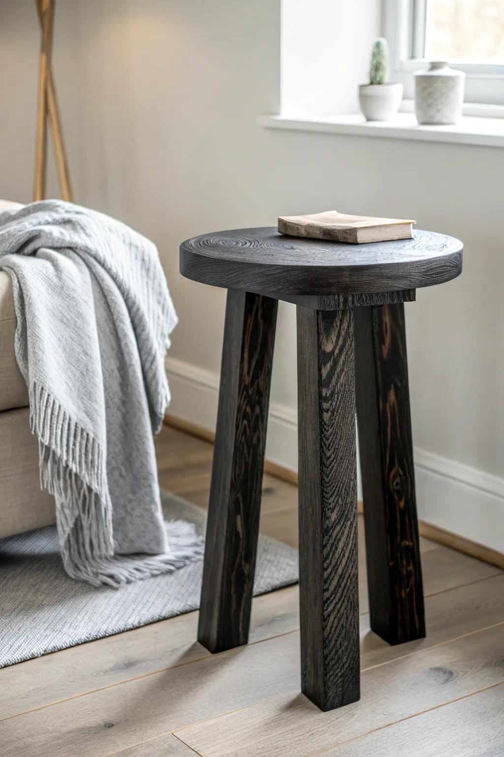 Shou Sugi Ban blackened wood + soft grey linen—calm, dramatic contrast for a modern living room.