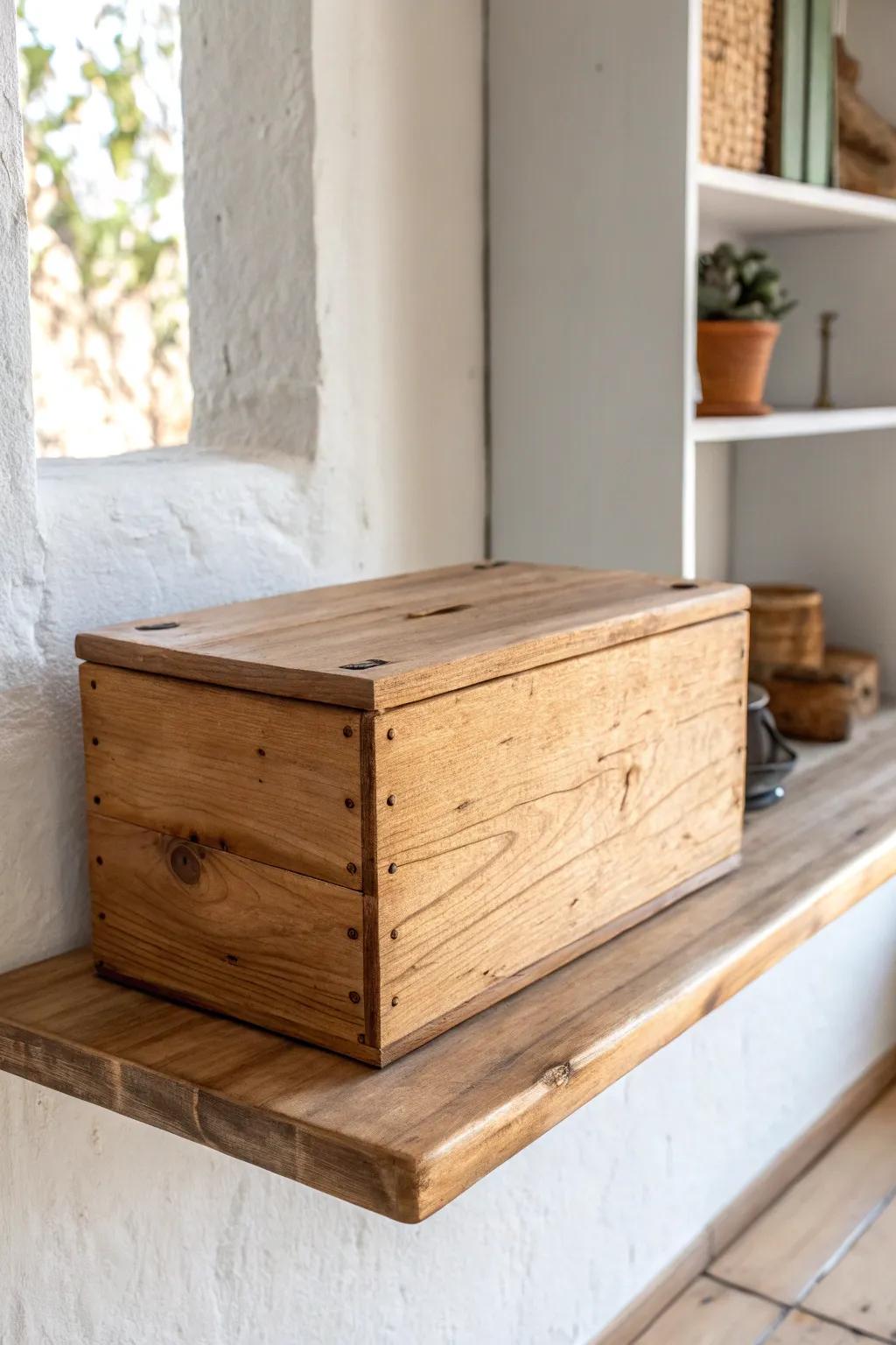 A reclaimed-wood lidded box that hides clutter and looks like sculptural shelf decor.