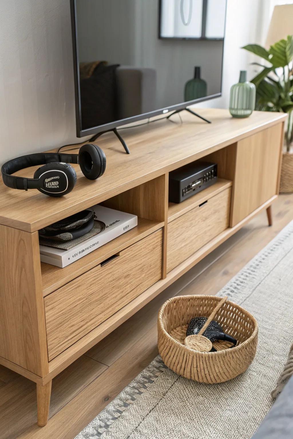 A hidden remote drawer with a built-in charging spot keeps your theater cabinet calm and clean.