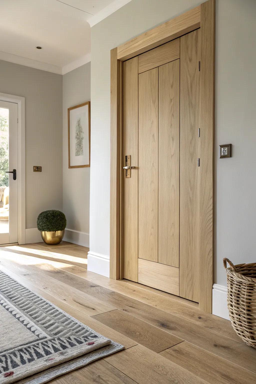 Stealthy flush floor hatch: seamless oak craftsmanship for a compact, beautiful basement entry.