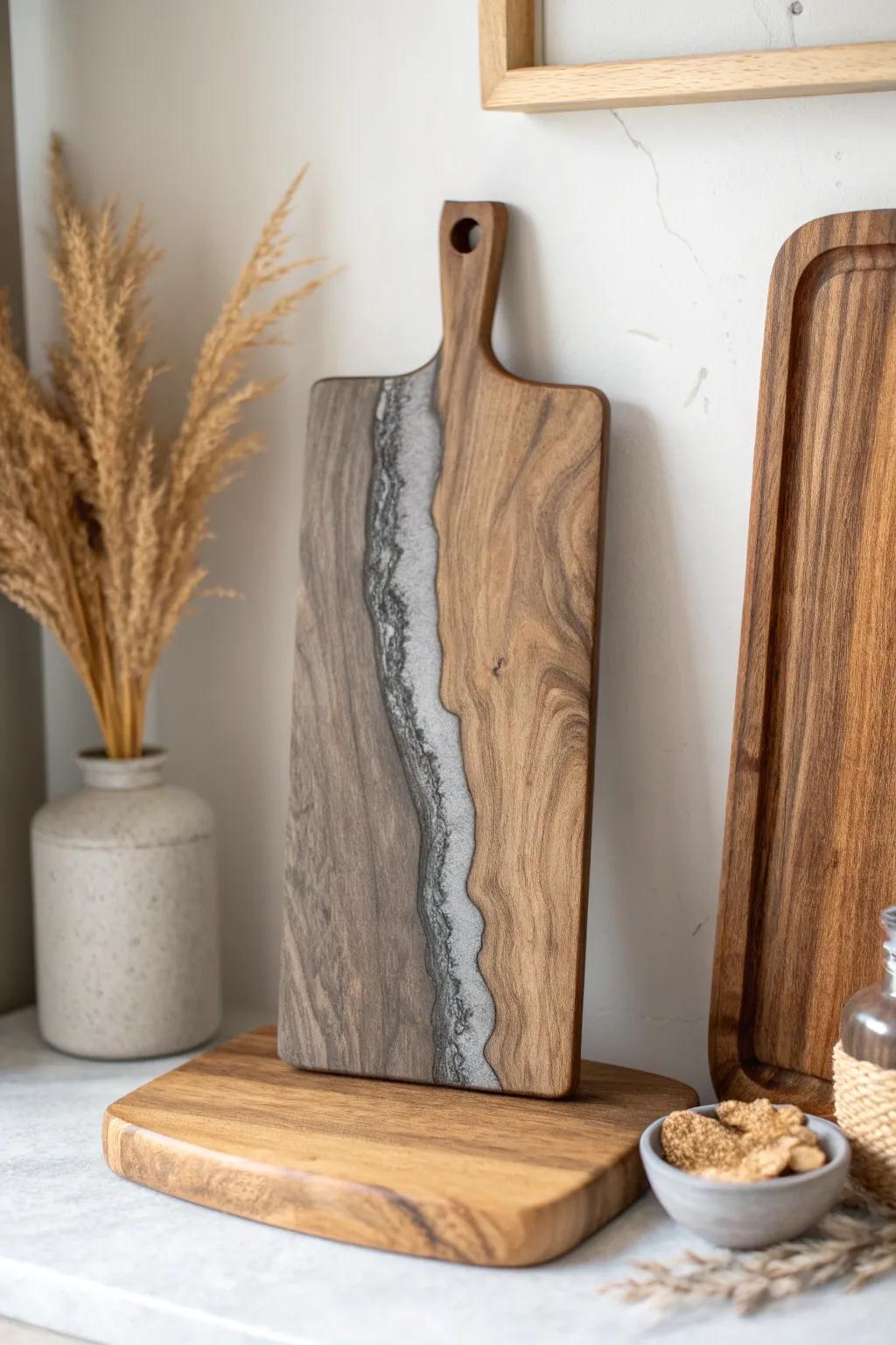 Smoky resin river board on open shelving—Japandi calm with a modern, handcrafted edge.