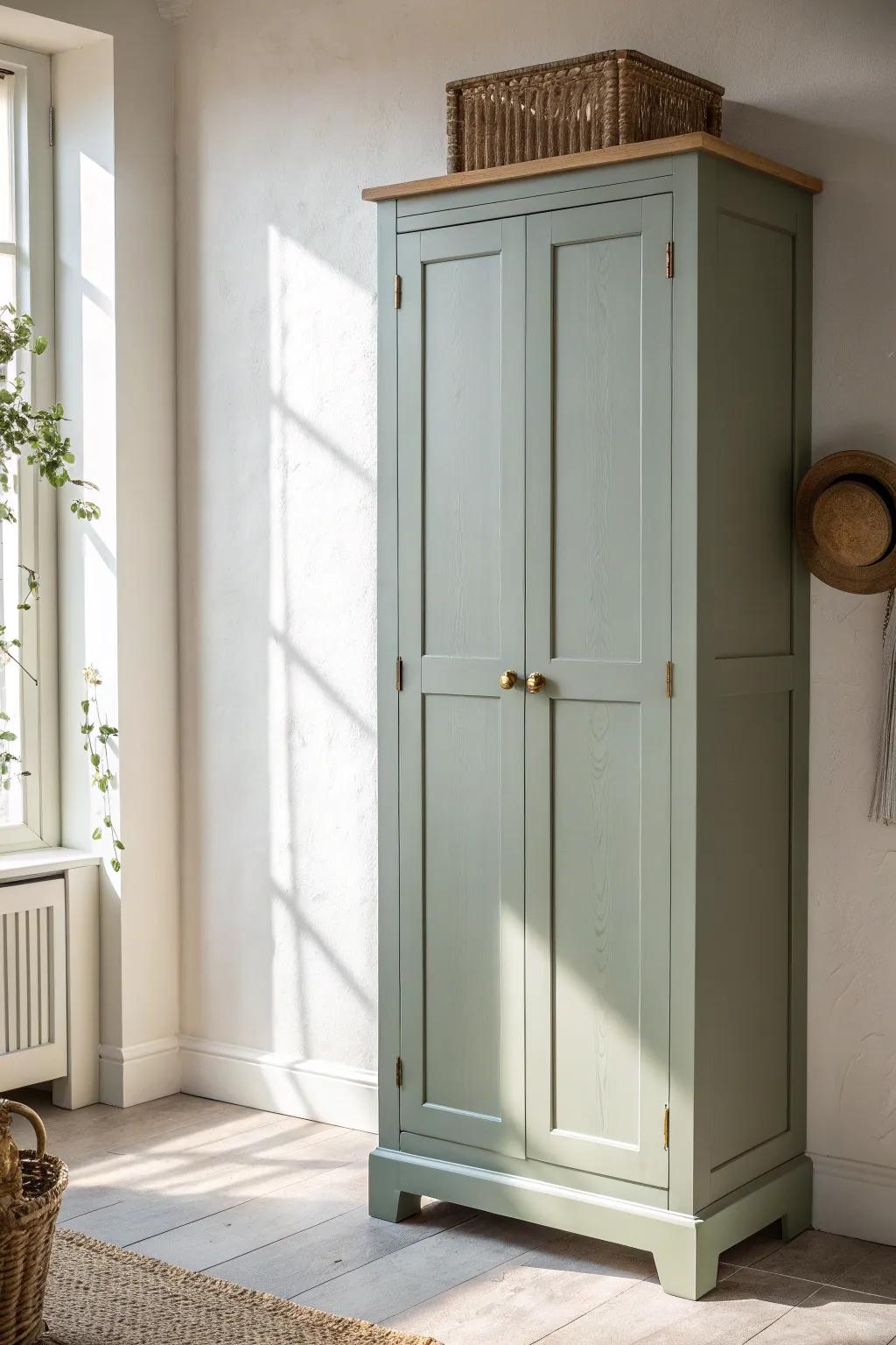 Subtle ombre cabinets: light sage fading to deep olive for a custom, calm kitchen look.