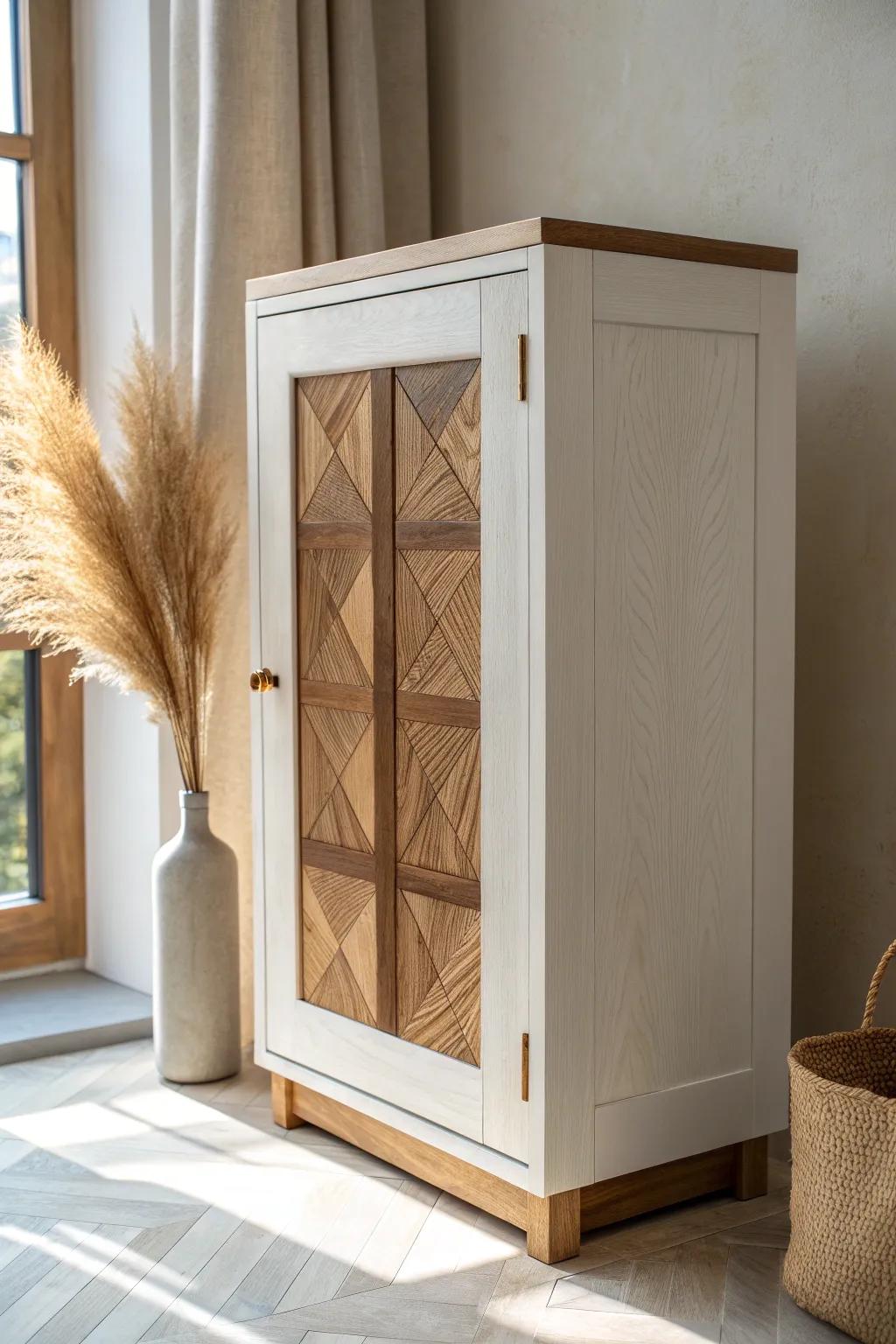 A slim wood mosaic inlay turns a simple cabinet door into a handcrafted focal point.