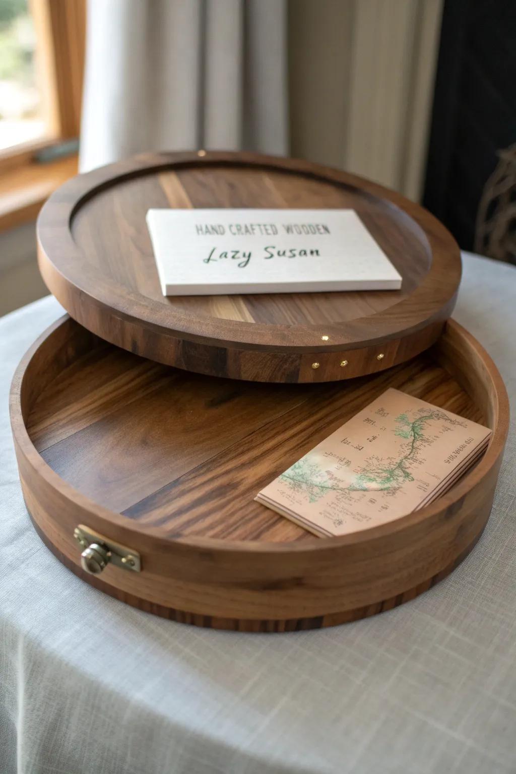 A sweet, minimalist lazy Susan—until the top lifts to reveal a hidden compartment inside.
