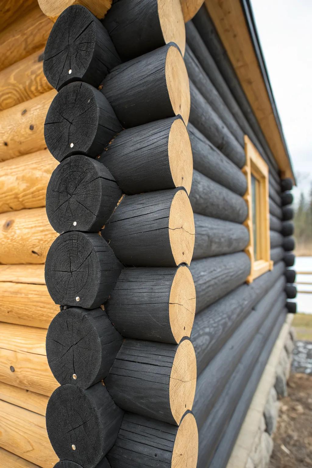 Deep accent paint on log ends creates a dotted corner pattern—crafty, subtle, so chic.