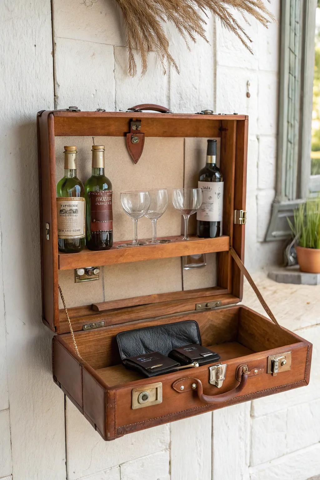 Vintage suitcase turned into a wall mini bar—oak shelves, glassware, and effortless charm.