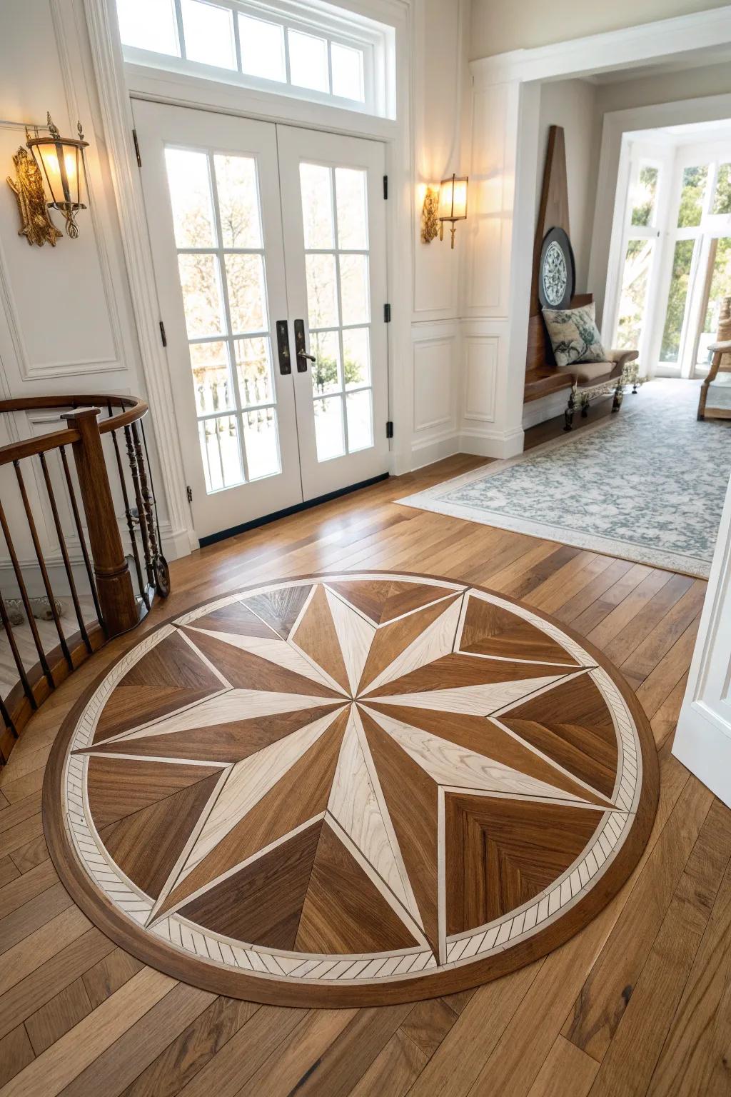 A compass-style hardwood inlay in oak + walnut adds instant heirloom drama to mixed floors.