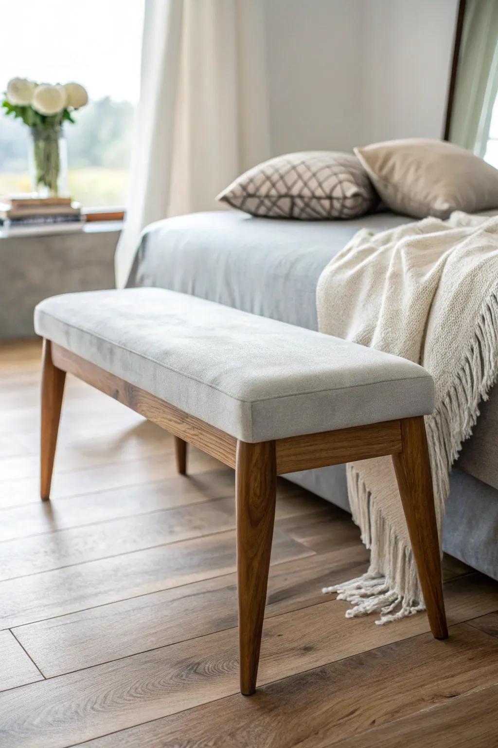 Unexpected wood-and-concrete bench—minimal lines, cozy throw, instant gallery-level bedroom style.