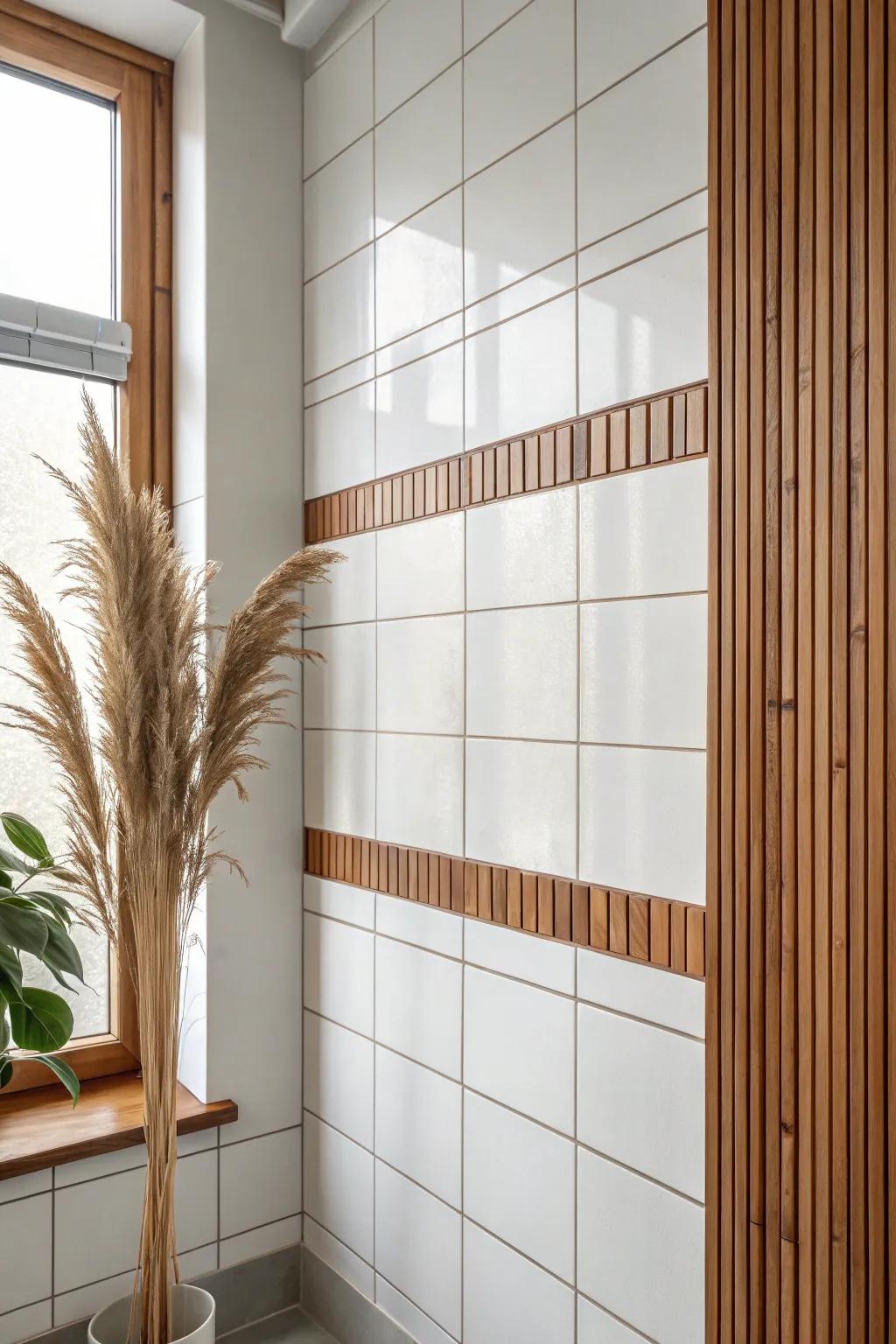 A slim cedar inlay “runner” adds warm, jewelry-like detail to modern tiled walls.
