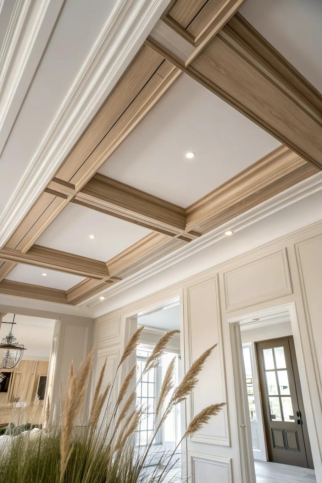 A glossy greige ceiling panel reflects light and makes oak trim glow—modern classic with drama.