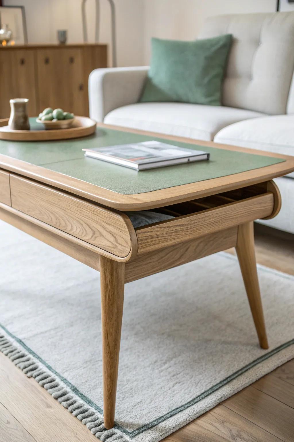 Sleek flip-top coffee table: clean oak by day, soft felt game surface when friends gather.