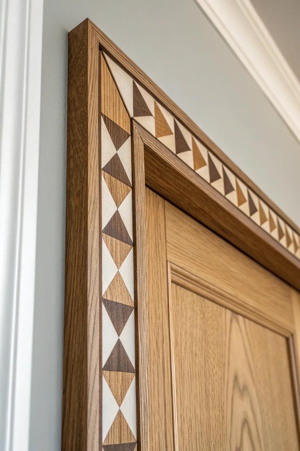Modern front door trim upgrade: sleek geometric wood inlays that reward a closer look.