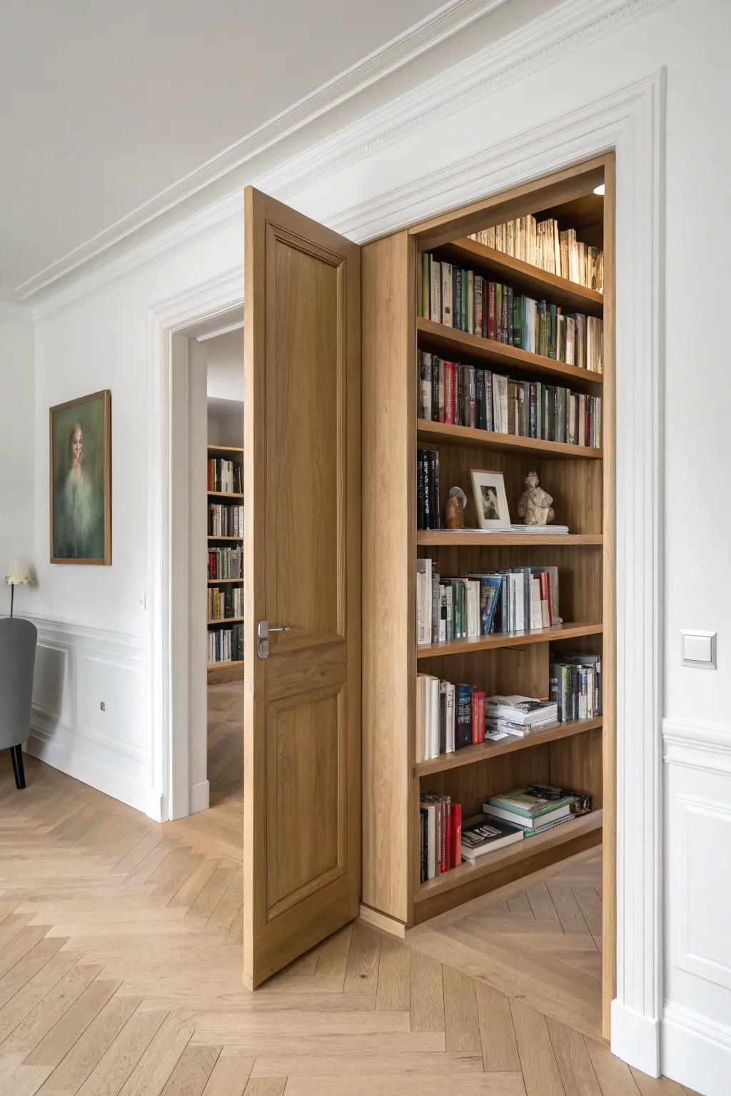 A secret swing-open bookshelf door—modern library storage with hidden hinges and clean lines.