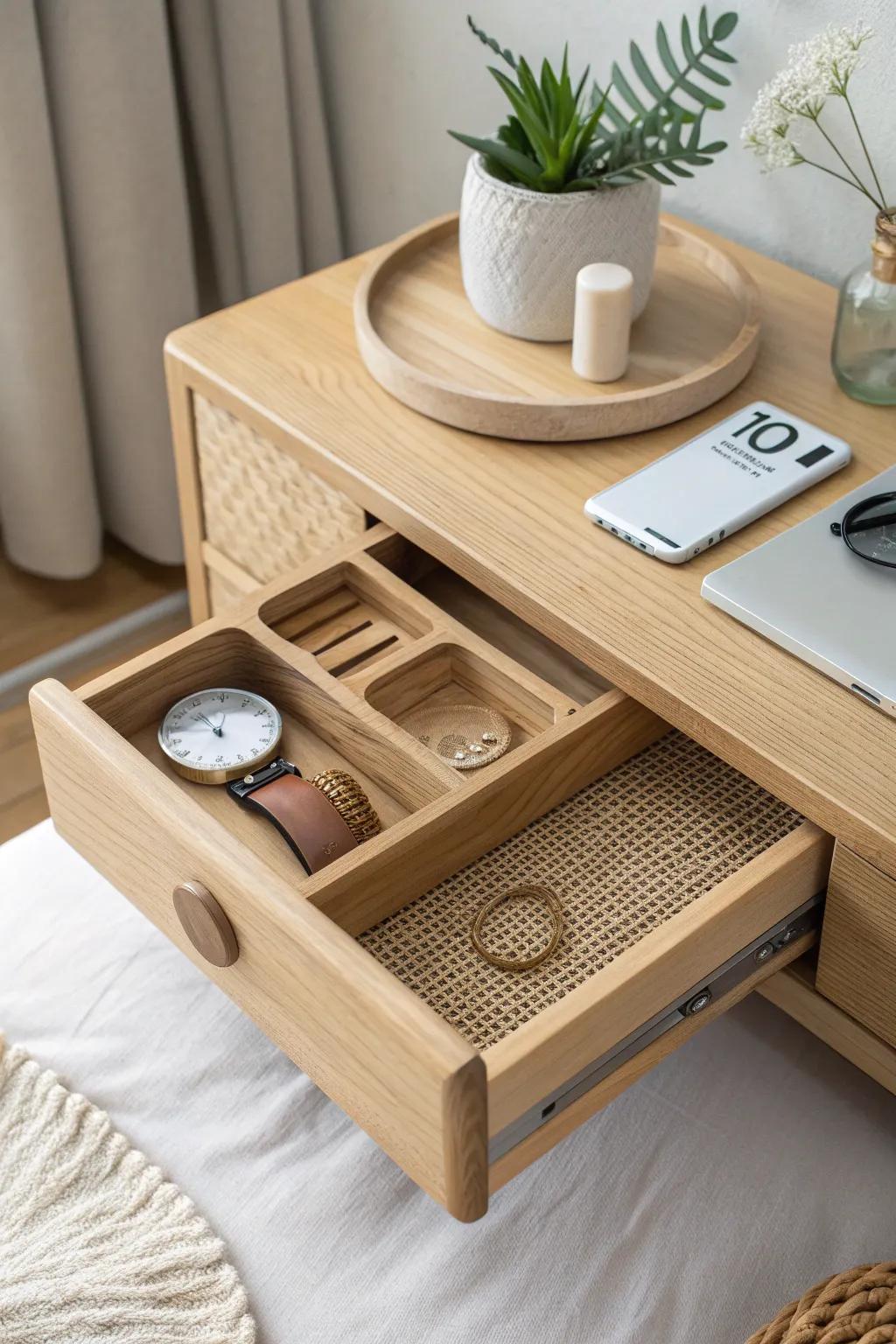 Turn your top drawer into a mini valet: watch, rings, and phone each in a calm home base.