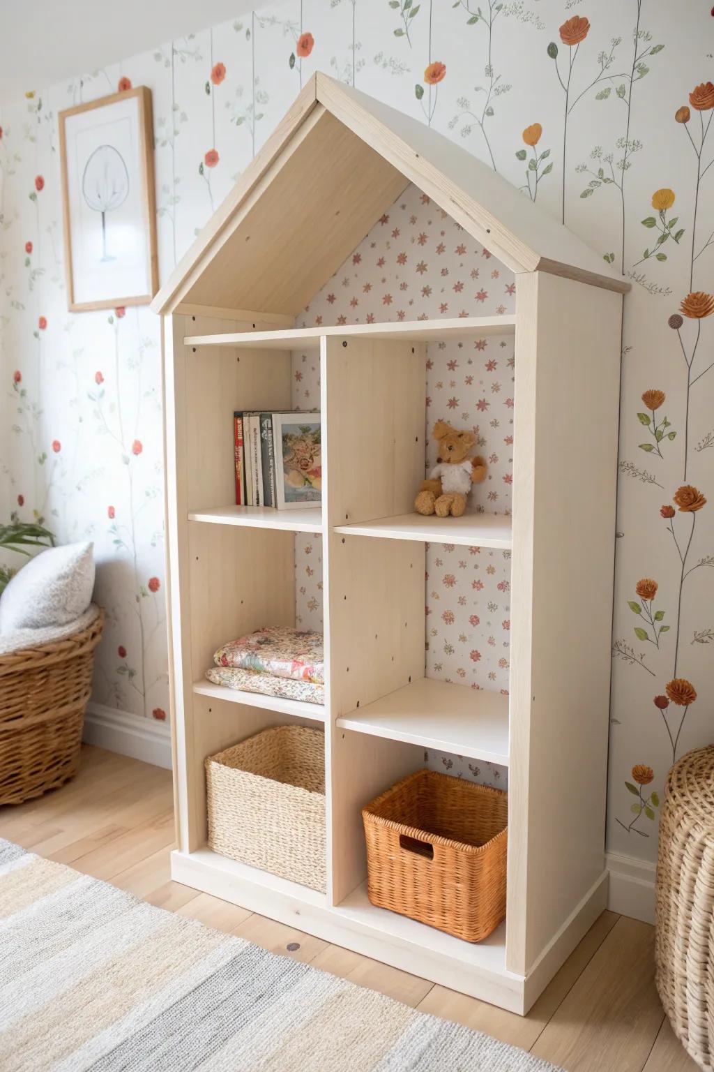 Turn one cube into a tiny roofed “house” for storage that doubles as nursery decor.