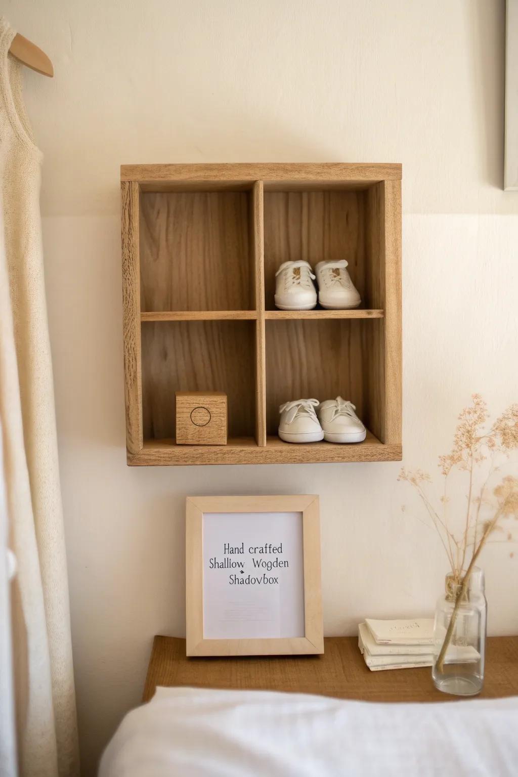 A minimalist wooden shadowbox shelf that cradles tiny keepsakes—sweet, tidy, timeless.