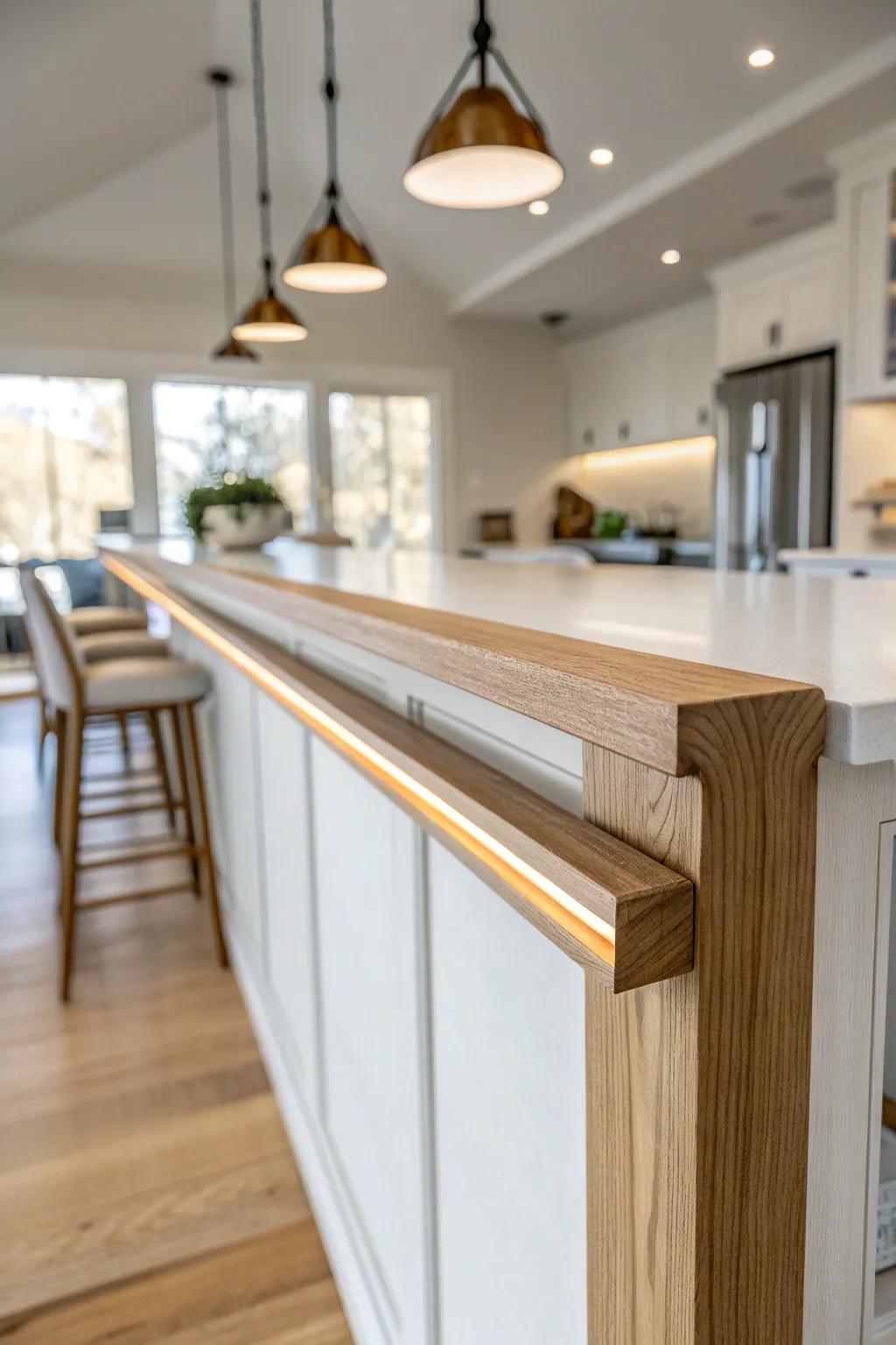 Turn a boxed support beam into a slim oak bar rail with hand-cut inlays for a wow moment.
