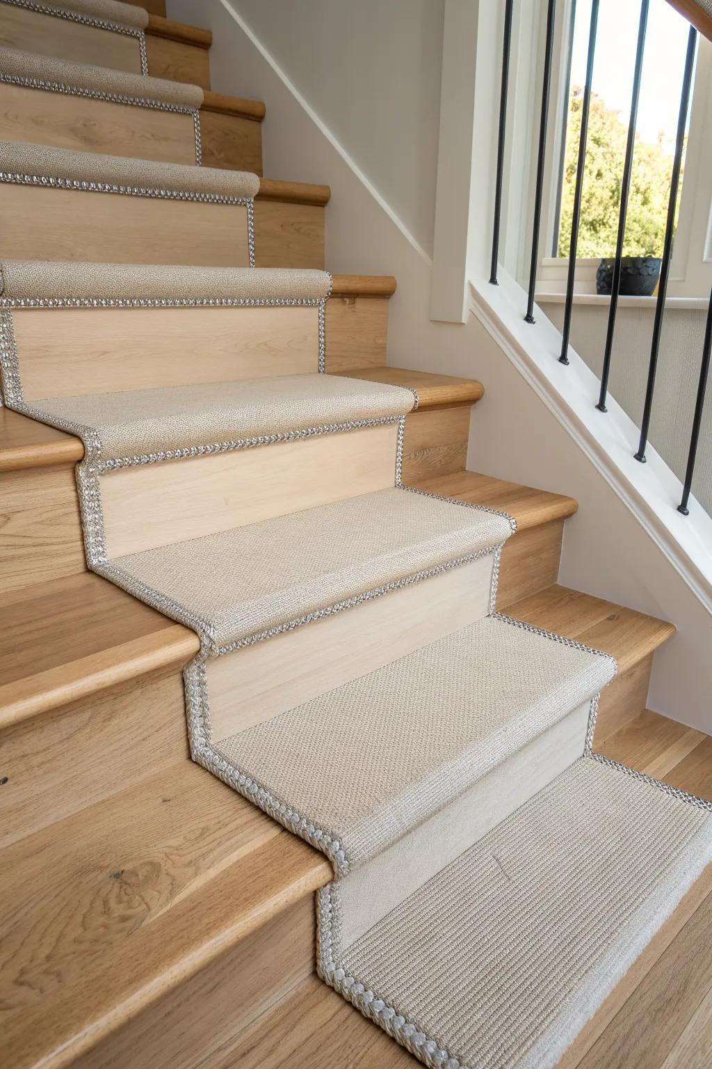 Reflective binding adds a subtle glow to open-tread stair pads for safer nighttime steps.