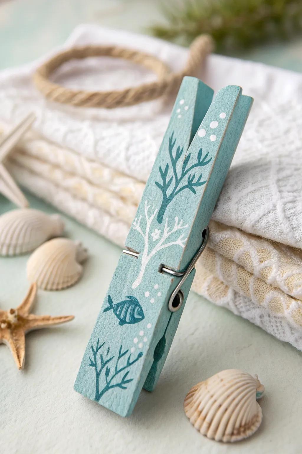 Transform your space with an Underwater Wonder: a painted clothespin inspired by the ocean's beauty.