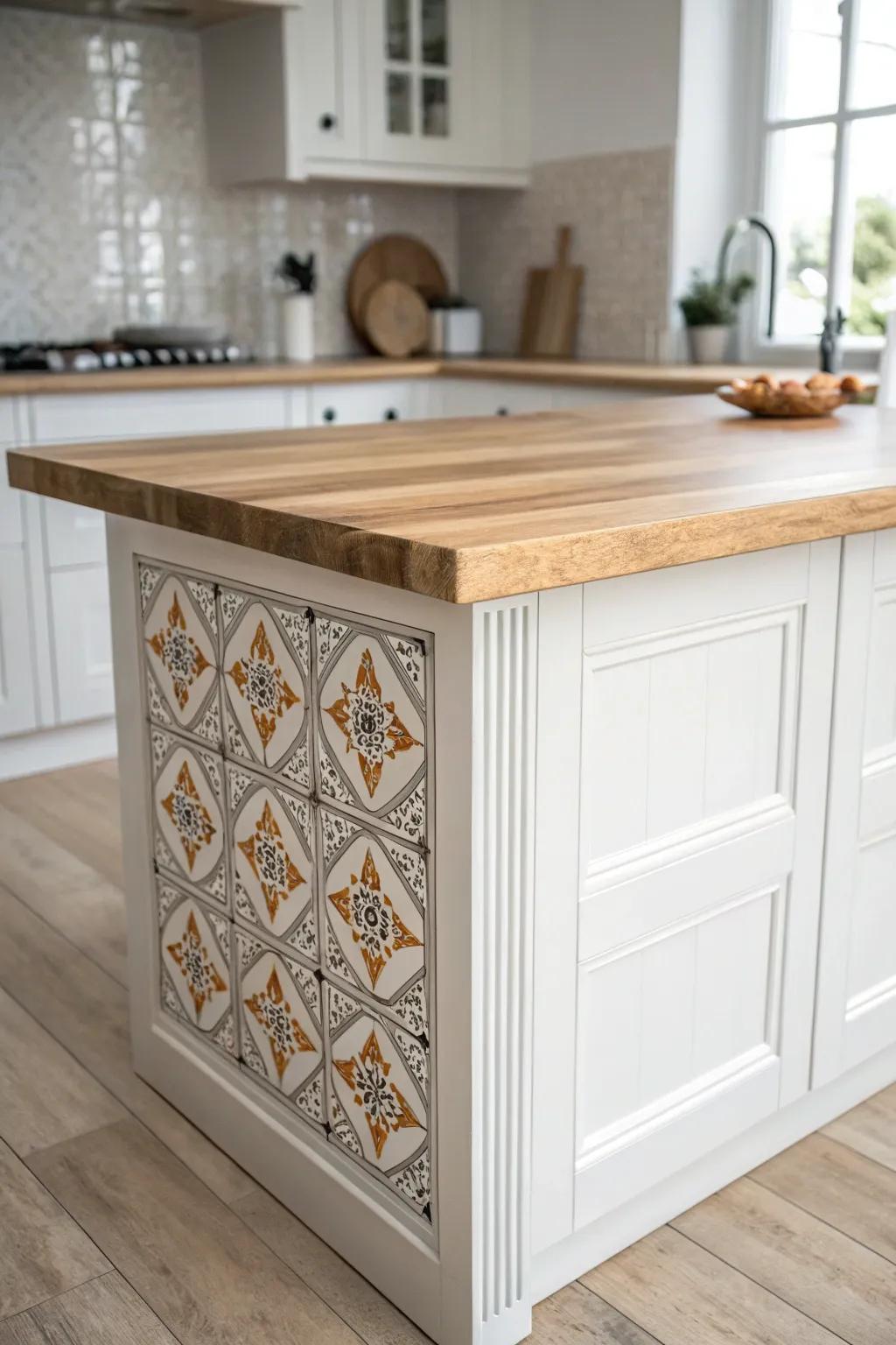 Tile-look stencil on a painted kitchen island—handcrafted charm with clean Scandinavian calm.