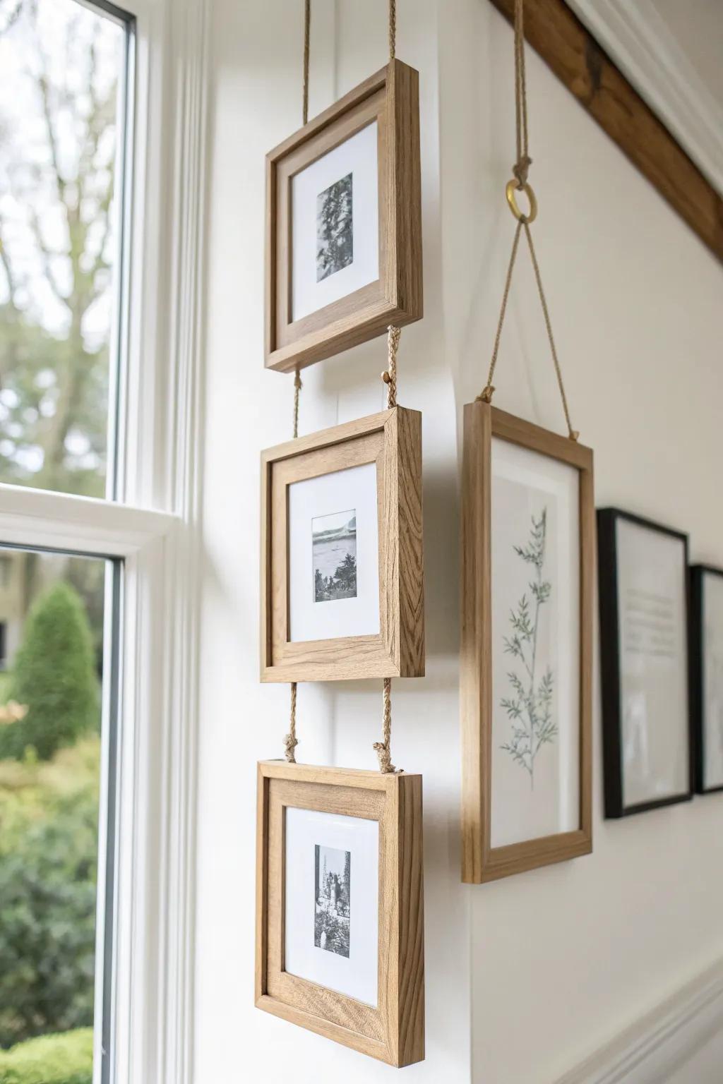 Ceiling-hung oak frame mobile—floating layers that catch the light for dreamy minimalist depth.