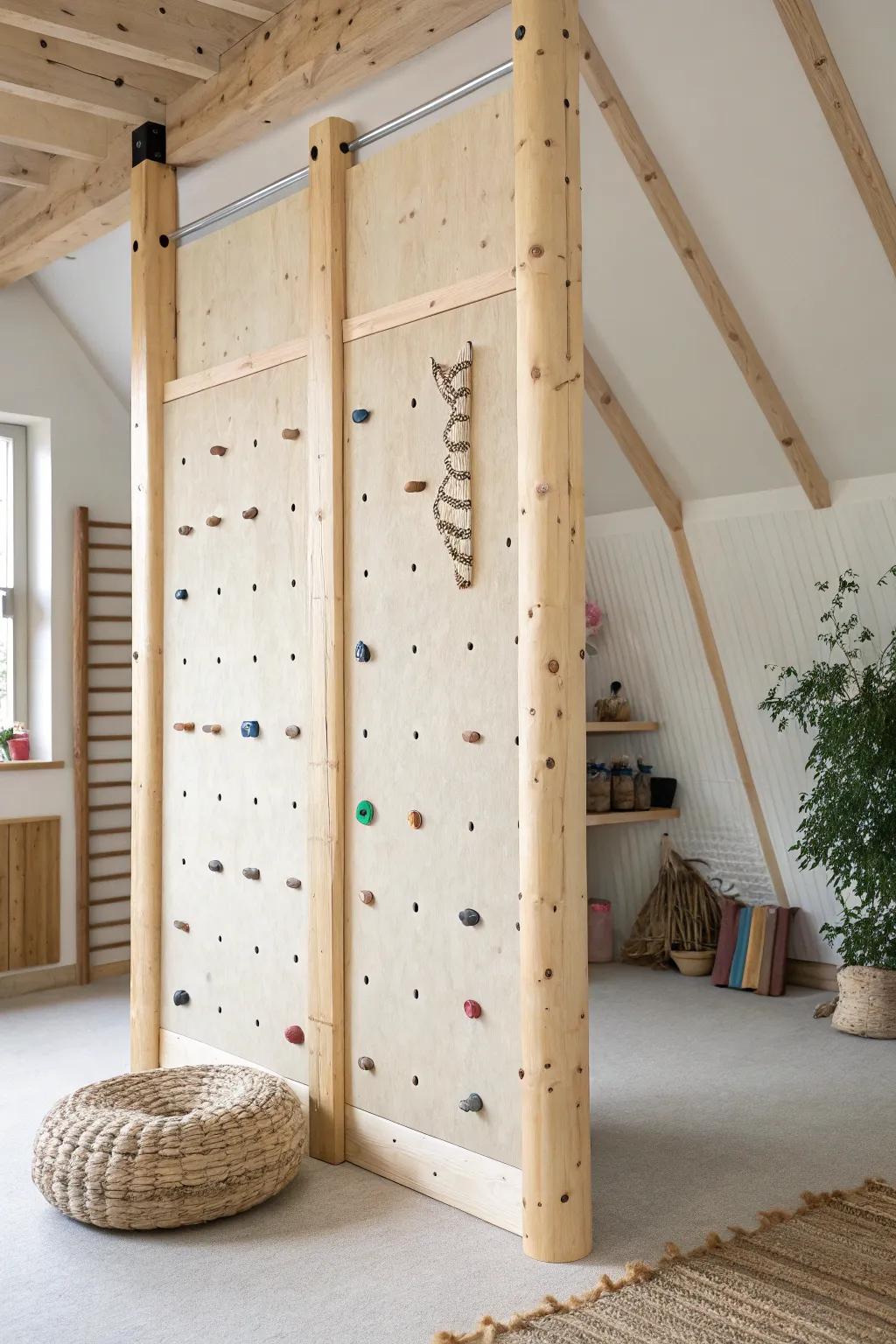 A minimalist climbing wall panel between barn posts—rustic wow-factor for a pole barn gym.