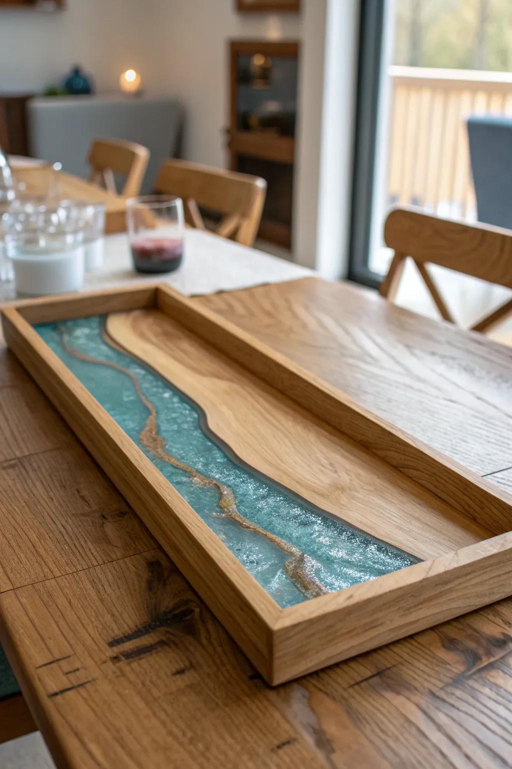 DIY wood center tray with a slim resin “river” inlay—modern sparkle for a rustic table.