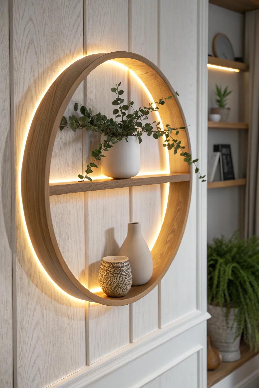 A warm backlit round shelf that turns simple ceramics and greenery into nighttime drama.
