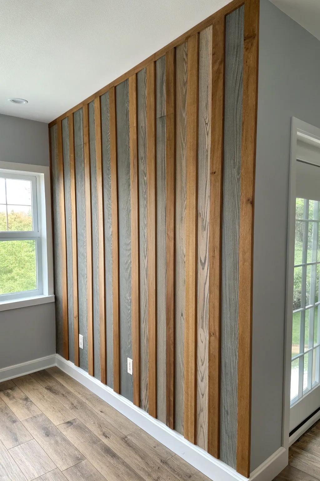 Grey + brown two-tone wood slat wall: rustic warmth with Scandinavian calm for living rooms.