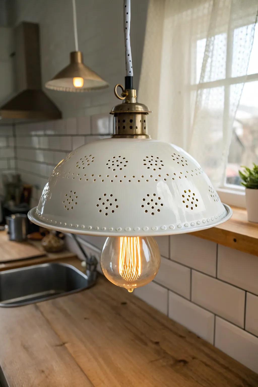 Vintage colander pendant casting dreamy patterns - rustic charm for a calm Scandi kitchen.
