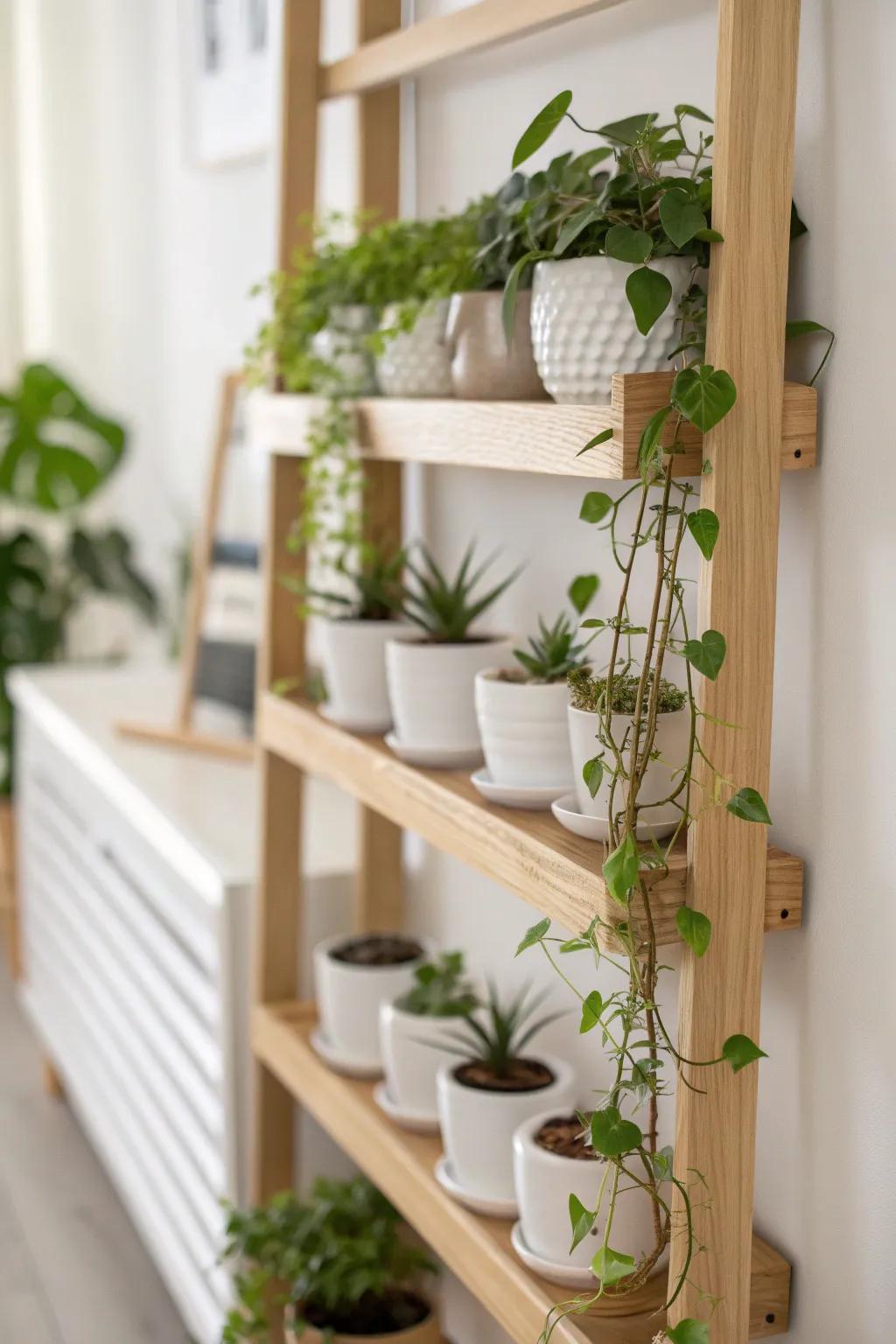 A slatted oak plant cover turns a plain shelf into a soft, sculptural living wall.