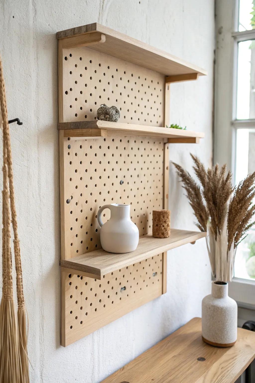 Flexible pegboard-back shelf in light oak—move hooks and mini-ledges anytime, beautifully.