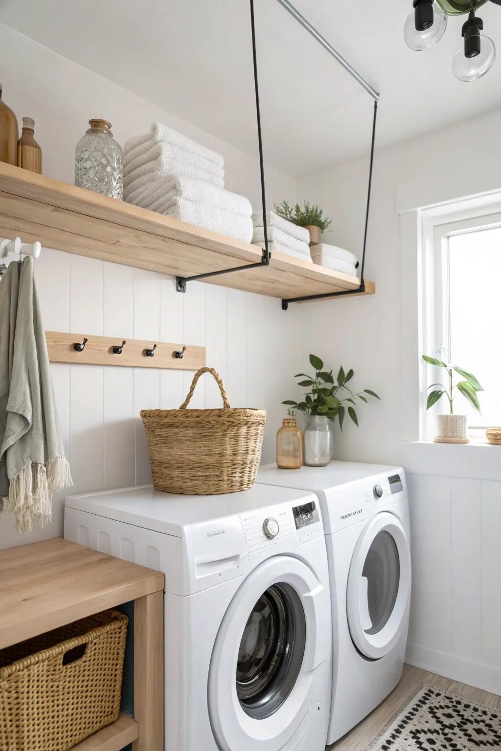 Ceiling-suspended oak shelf rack: airy storage above the washer & dryer with boutique minimal charm.